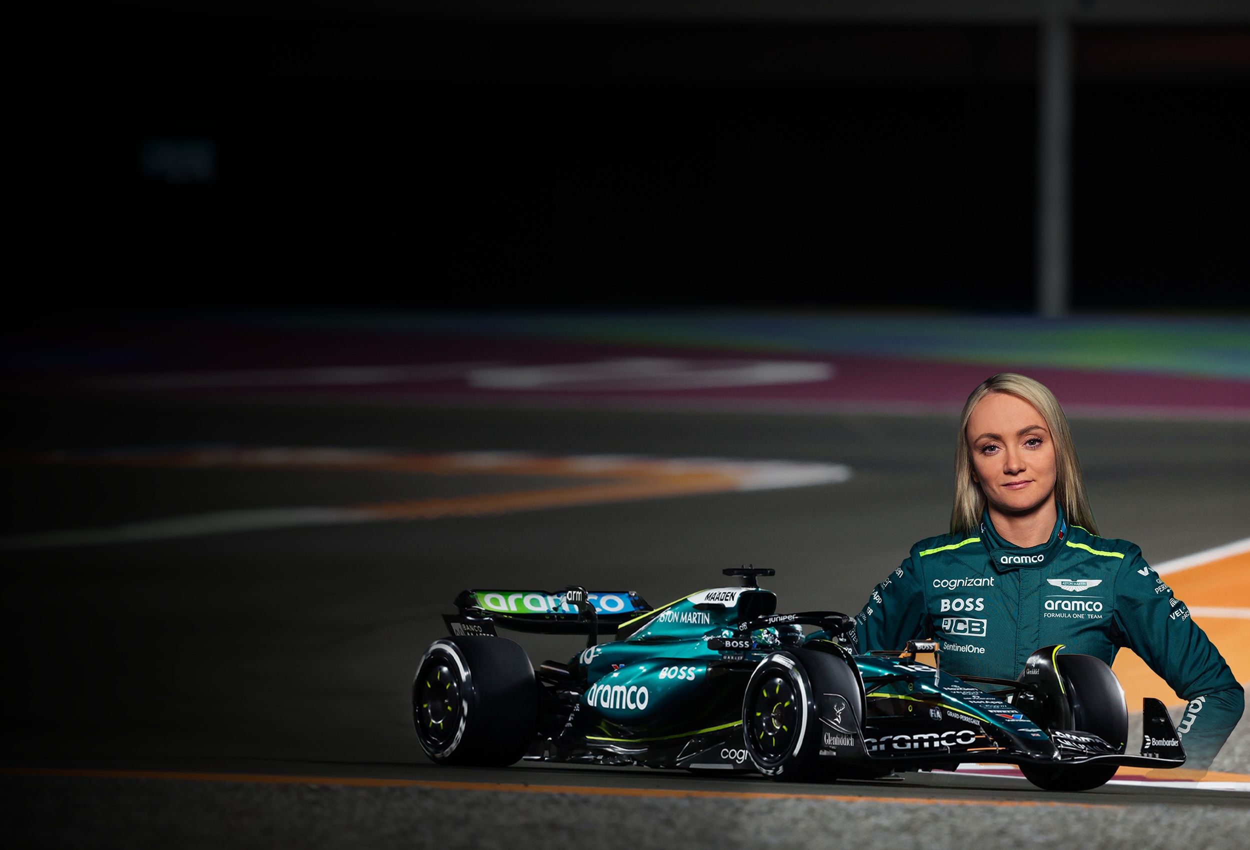 Formula 1 car with a driver in a green racing suit featured alongside.