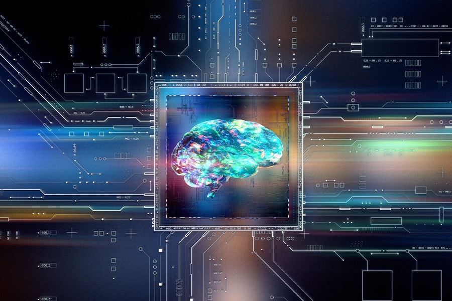 Illustration of a chip with a glowing brain, surrounded by digital circuitry